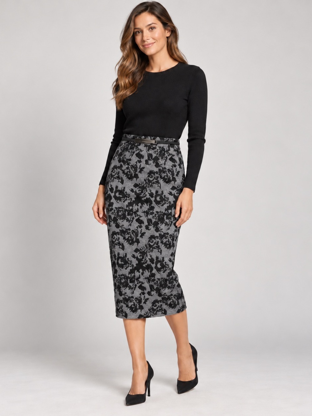 VEX Collection Black Grey Floral Stretch Pencil Midi Skirt EU 36
